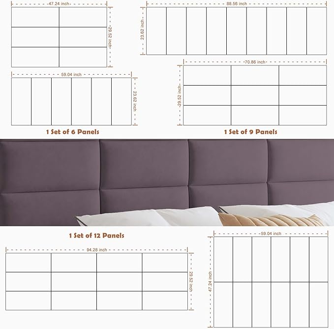 IFNOW Wall Mounted Upholstered Headboard King, 3D Peel and Stick Soundproof Panels, Reusable and Removable Padded Leather Bed Headboard, 12 Panels 9.84" x 23.62", Dark Purple