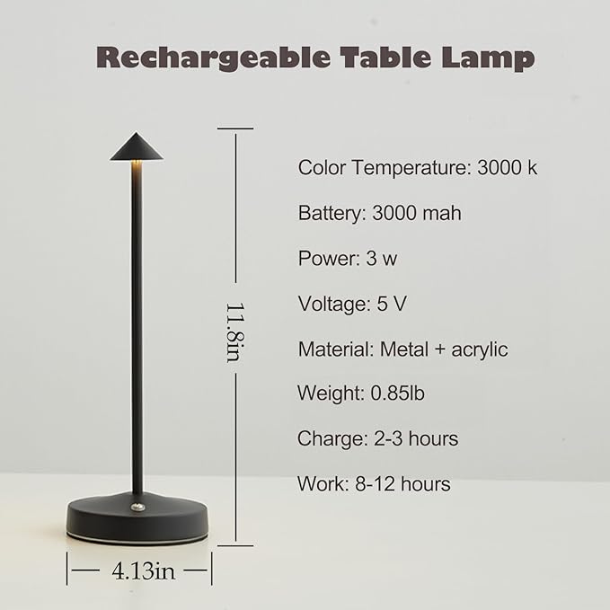 Rechargeable Cordless Table Lamp,Modern Black Battery Operated Table lamp,Portable LED Touch 2 Levels Brightness Dimmable Bar Lamp,Battery Powered Lamp for Bars,Restaurant,Living Room