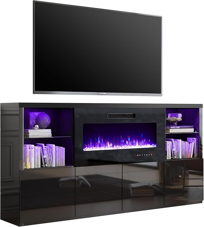 Fireplace TV Stand for TVs up to 75", Modern High Gloss Entertainment Center with 40" Fireplace, 4 Shelves & Storage Cabinets, Media Console Table 68 Inches, Black