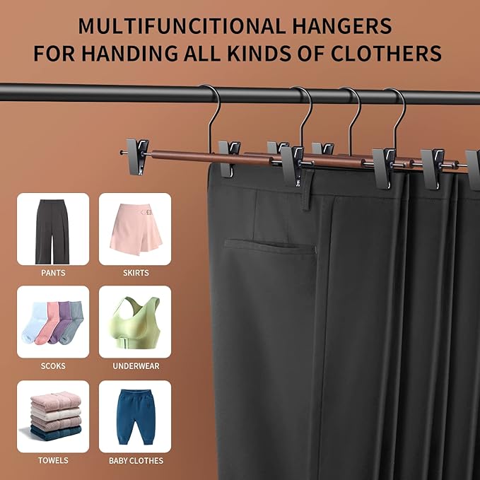 Wooden Pants Hangers with Clips 20 Pack Adjustable Wood Skirt Hangers for Women Space Saving Clothes Hanger Jeans Trousers Hanger for Closet Non Slip,Brown