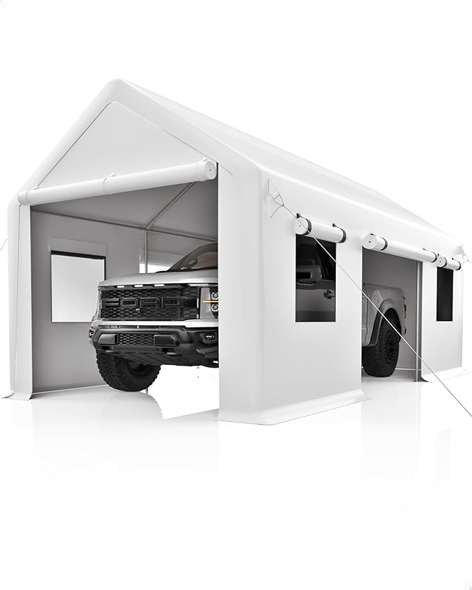 Heavy Duty Carport Canopy 12x20 FT Outdoor Storage Shed – Portable Metal Garage Tent Shelter with Removable Sidewalls & Doors, Car Boat Truck Cover for Driveway, RV, Motorcycle,White