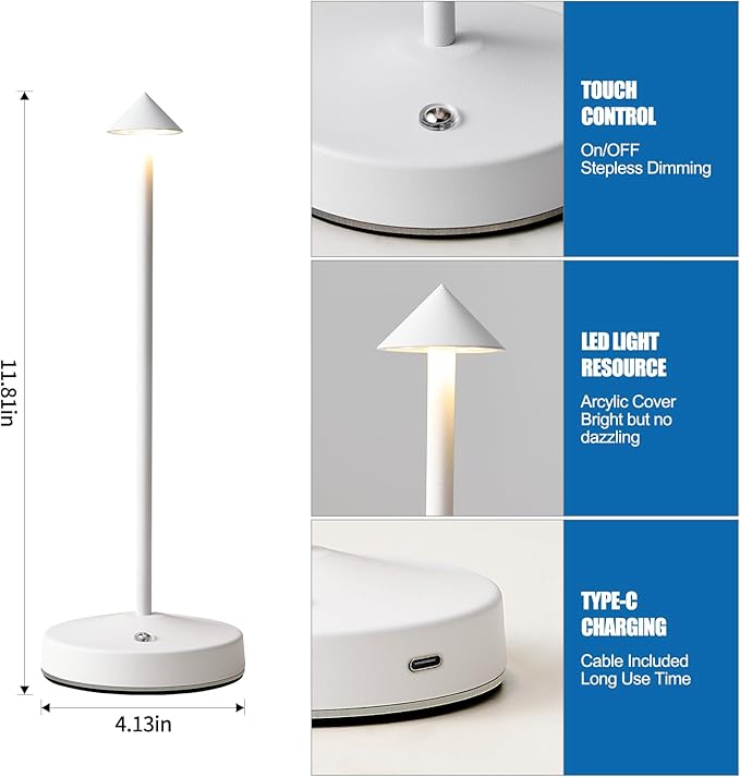 3w Led Cordless Rechargeable Table Lamps,3000 Mah Battery Operated Lamp 2 Level Led Table Lamp Small Touch Table Lamp in Aluminium 3000k Dimmable Table Lamps Set of 2 (White)