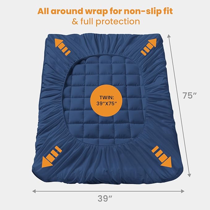 MATBEBY Twin Size Mattress Pad - Cooling Breathable Mattress Topper, Quilted Fitted Mattress Protector, Pillow Top Mattress Cover with 8-21" Deep Pocket, Machine Washable, Navy Blue, 39x75 Inches