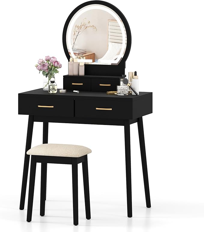 CHARMAID Vanity Desk with Mirror and Lights, Modern Makeup Vanity Table with 4 Drawers, 3-Color Dimmable LED Mirror, Girls Dressing Table and Stool Set for Small Bedroom (Black)