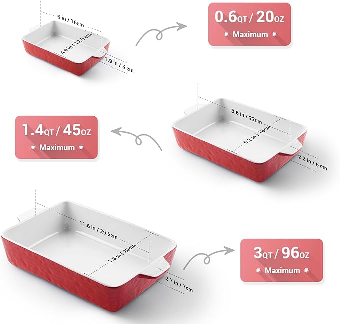 Casserole Dishes for Oven, Ceramic Baking Dishes, Lasagna Pan with Handles, Porcelain Baking Pan Deep, Bakeware for Baking, Cooking, Wedding Gift, Set of 3 (11.6" x 7.8", Red)