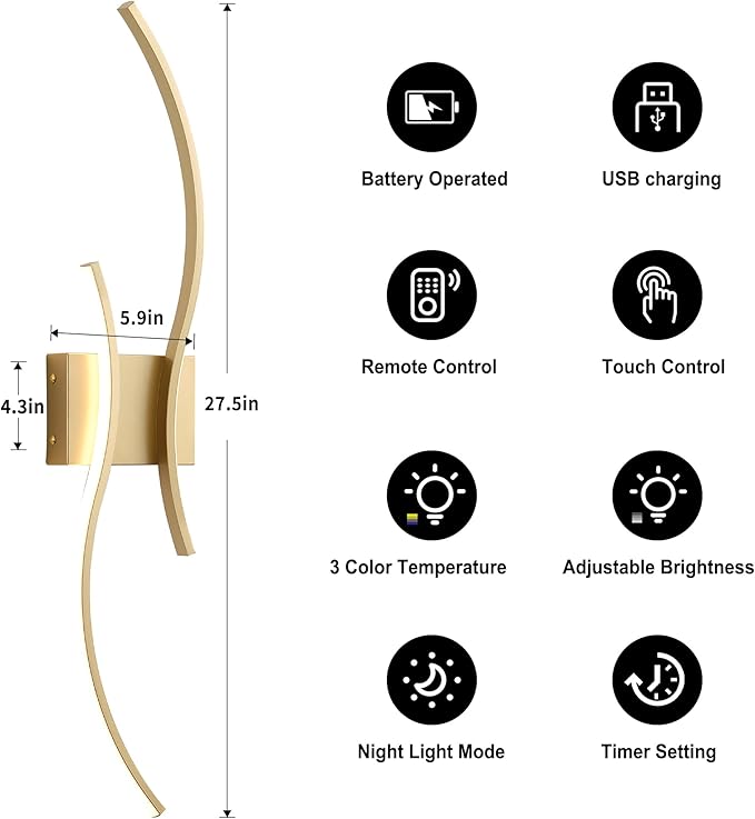 Battery Operated Wall Sconces Set of Two with Remote Control, Stepless Colors 3000K-6000K & Dimming, LED Gold Wireless Wall Light for Living Room, Hallway, Bedroom, 27.5 Inch (2 Pack)