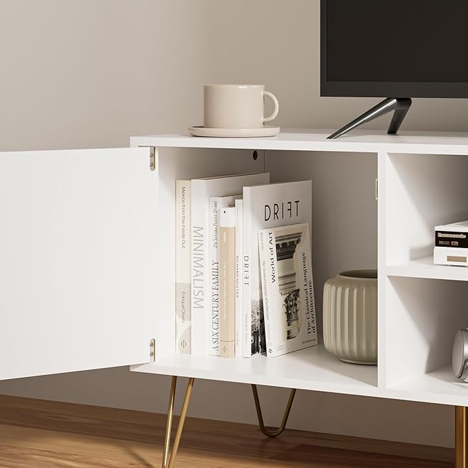 TV Stand for 55 65-inch TV, Entertainment Center with Soft Hinge Door,TV Console Table with 2 Cabinets with Gold Handle and Feet,for Living Room, Bedroom, White