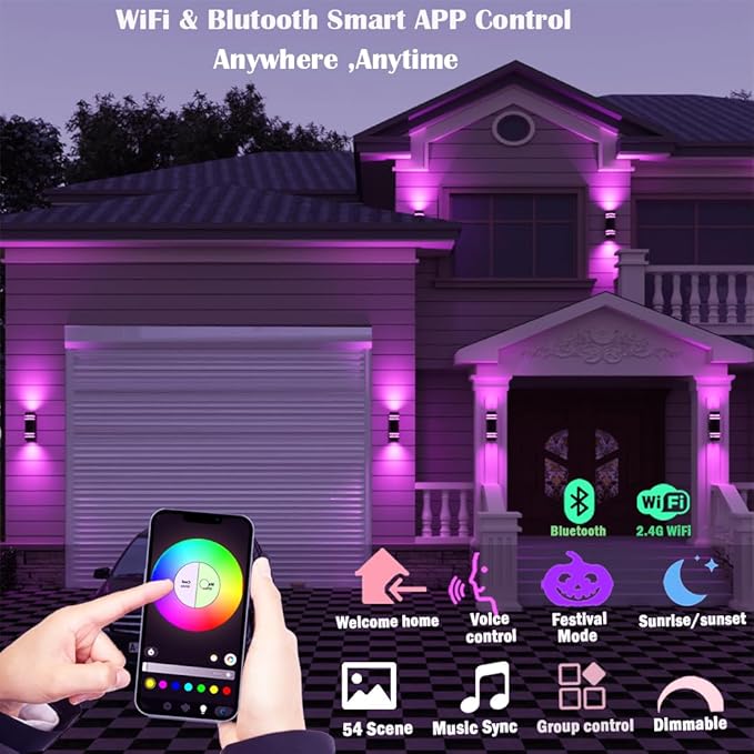 Smart Outdoor Wall Lights Color Changing 2 Pack, RGB+2700K-6500K Modern Exterior Lighting Fixtures Cylinder Outside Wall Sconce with Glass, WiFi APP Control Up Down Outdoor Porch Lights