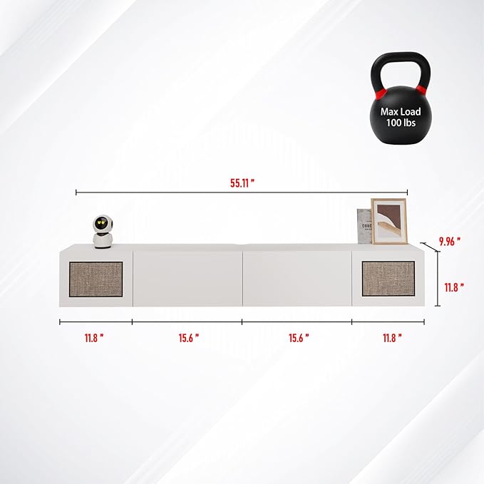 Pmnianhua Boho Floating TV Stand 55", Modern Wall Mounted Media Console with Cotton-Rayon Doors for Under TV Shelf,Entertainment Center,Living Room,Bedroom(White)