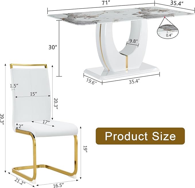 Dining Table Set for 8, Kitchen Table Chairs Set of 8, Modern Dining Room Set with 71" Marble Dinner Table PU Leather Upholstered Chairs for Kitchen