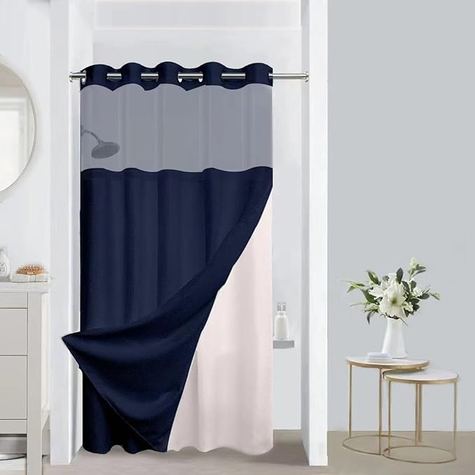 No Hooks Required Waffle Weave Shower Curtain with Snap in Liner-Hotel Grade Waterproof & Mesh Top Window Spa Like Bath Curtain Machine Washable 54Wx80L Navy Blue