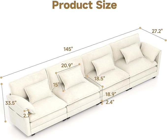 Real Relax 145'' Modular Sectional Sofa, 4 Seat Chenille Convertible Couch with 8 Pillows and 2 Armrest Pillows for Living Room, Office and Leisure Places, Beige