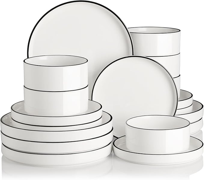 Sweejar Porcelain Dinnerware Sets for 6, 18 Pieces Ceramic Plates and Bowls Set, Classic Modern Simple Kitchen Dinner Dining Ware Set, Dishwasher and Microwave Safe Dishes Sets(Pure White-Black Rim)