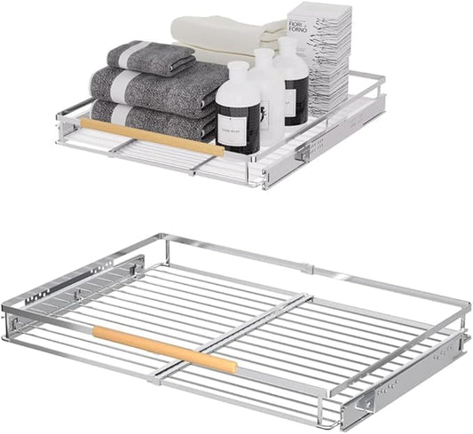 Expandable Sliding Basket, Pull-Out Cabinet Organizer, Heavy Duty Slide Out Pantry Shelves Sliding Drawer Storage for Kitchen, Under Sink, Wardrobe, 2 Pack Chrome 16.6''-27.8''W x 22''D