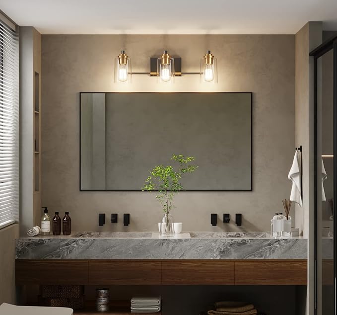 SOLFART Bathroom Light Fixtures 3-Light Vintage Bathroom Vanity Light Over Mirror Wall Sconces in Black Brass Vanity Lights for Bath(Brass)