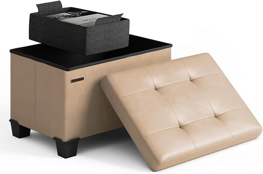 STORAGEBUD Storage Ottoman Cube with Small Bin, 16-in Square Ottoman with Storage for Living Room and Bedroom, Small Ottomans Foot Rest, Faux Leather Foot Stools Ottomans Max 330lbs, Taupe