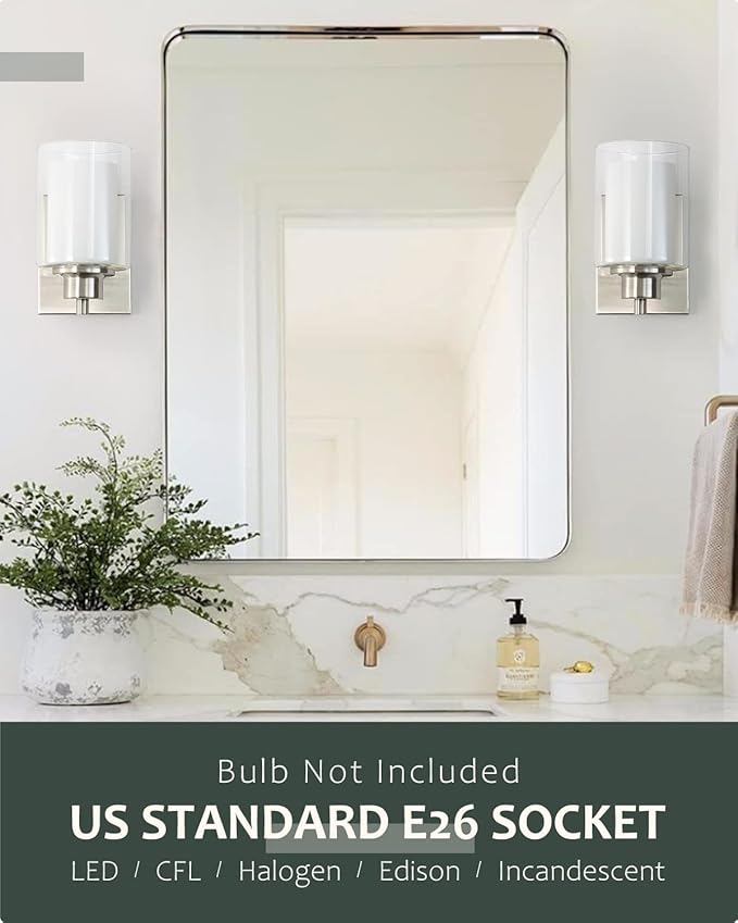 3 Pack Bath Vanity Light Fixtures 1-Light, Indoor Brushed Nickel Wall Light with Dual Glass Shade, Farmhouse Bathroom Wall Scone