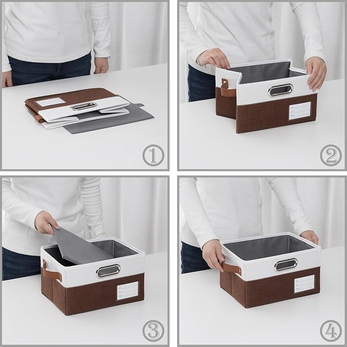 PRANDOM Foldable Storage Bins with Handles [3-Pack] Fabric Collapsible Storage Boxes Baskets Cubes Containers with Handles for Closet Living Room Bedroom (Brown & White 11.5x8.5x6.7'')