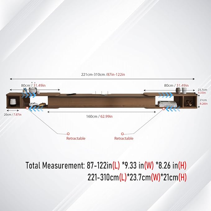 Pmnianhua Retractable Length Floating TV Stand,Minimalist Floating TV Shelf,Wall Mounted TV Console,Adjustable 87'' to 122'' Floating Entertainment Center with Storage for Bedroom Living Room(Walnut)