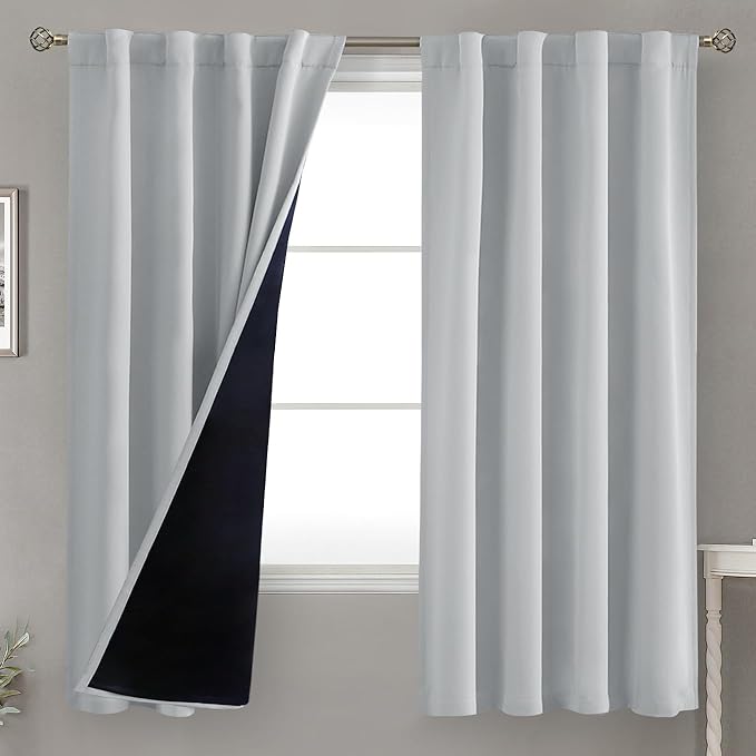 BGment Light Grey 100% Blackout Curtains 63 Inches Long with Thermal Insulated Liner, Rod Pocket and Back Tab Double Layer Full Room Darkening Window Curtain for Bedroom, 2 Panels,Each 38 x 63 Inch