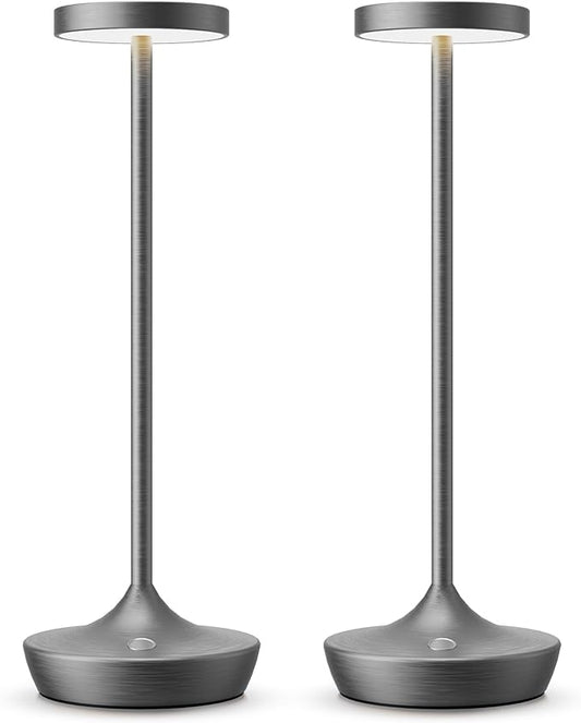 2 Pack Cordless Table Lamps, Battery Operated LED Desk Lamp, 3-Color Stepless Dimming, Portable & Waterproof, for Restaurants, Bedrooms, Bars, Outdoor Parties, Camping, and Cafes (2Pack Gray)