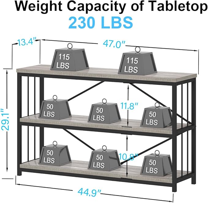 IBF 47" Gray 3 Tier Low Bookcase,Industrial Modern Short Horizontal Etagere Bookshelf, Simple Wide Open Rustic Metal and Wooden Book Shelf for Bedroom Living Room Home Office Storage, Light Grey Oak