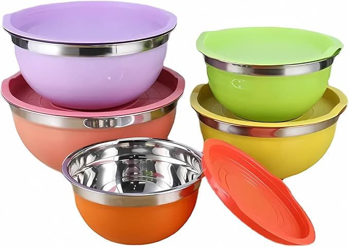 Set of 5 Colorful Stainless Steel Mixing Bowls with Matching Lids – Nesting Design for Space-Saving Storage – Ideal for Cooking, Baking, Meal Prep, Food Storage, and Kitchen Organization