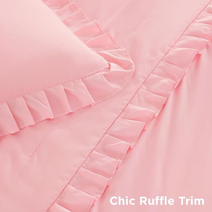 Litanika Pink Queen Comforter Set, 3 Pieces Ruffle Farmhouse Aesthetic Bedding Comforter Set, All Season Soft Lightweight Fluffy Microfiber Bed Set(90x90In Comforter, 2 Pillowcases)