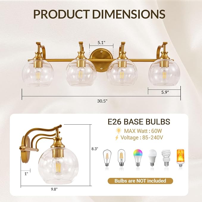 ANDY STAR Brass Vanity Light, Gold Bathroom Light Fixtures 4 Lights, 27.8 Inch Vintage Bathroom Sconces, Brushed Brass Vanity Lighting with Globe Clear Glass Shade, E26 Base (Bulbs Not Included)
