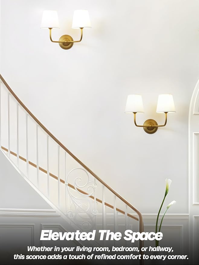 Vintage 2-Lights Fabric Wall Sconce with White Cloth Shade, Double Arm Wall Lamp Fixture for Bathroom Bedroom Living Room Hallway