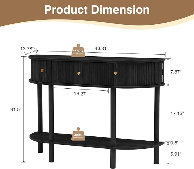 43.3“ Fluted Half Moon Console Table, Modern Entryway Console Sofa Table with Storage, Narrow Wood Accent Tables Behind Couch Tables for Living Room, Hallway, Foyer(Black)