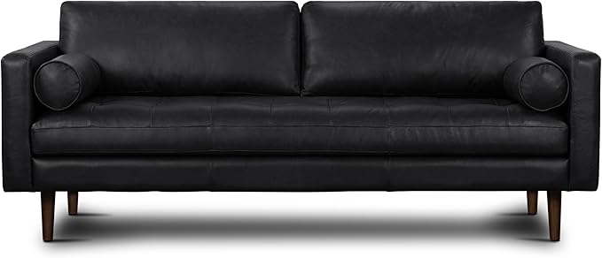 Poly & Bark Napa Leather Couch - 88.5-Inch Office Sofa with 2 Bolsters - Full-Grain Leather Sofa for Living Room with Feather-Down Topper - Living Room Couch - Vintage Italian Leather in Onyx Black