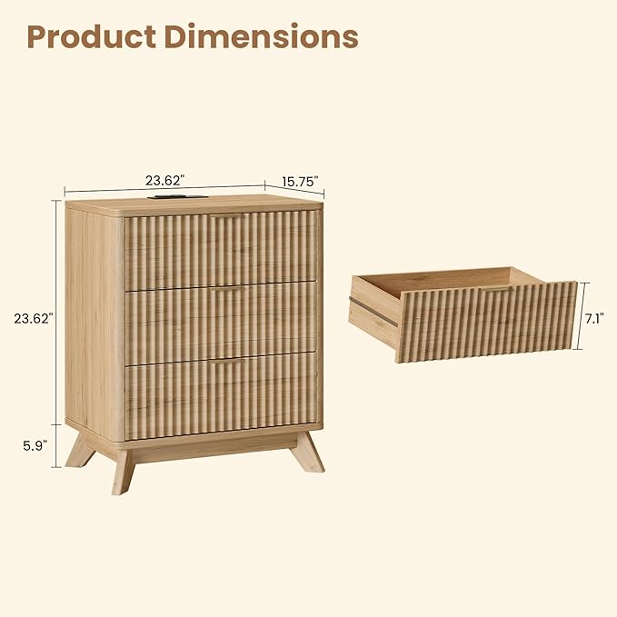 30" Tall Fluted NightStand,3 Drawers End Table with Charging Station,Modern Side Table with Storage, Night Stand Wood Bedside Tables for Bedroom,Curved Profile Design,Natural Oak