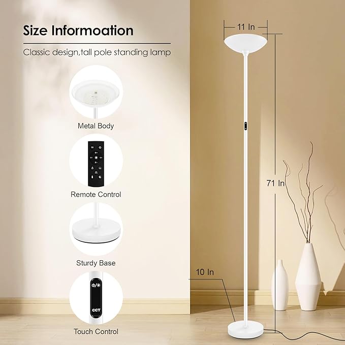 Stepless Dimmable Floor Lamp,30W 3000LM Super Bright LED Torchiere Floor Lamps with Remote & Touch Control,71 in Tall Modern Standing Lamp for Living Room Bedroom Office,2700k-6500k,White