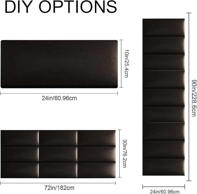 Upholstered Wall Mounted Headboard, 3D Soundproof Wall Panels Peel and Stick Headboard for Queen Size, Headboard for Adjustable Bed, Tufted Headboard, Black(9 Panels, 10" x 24")