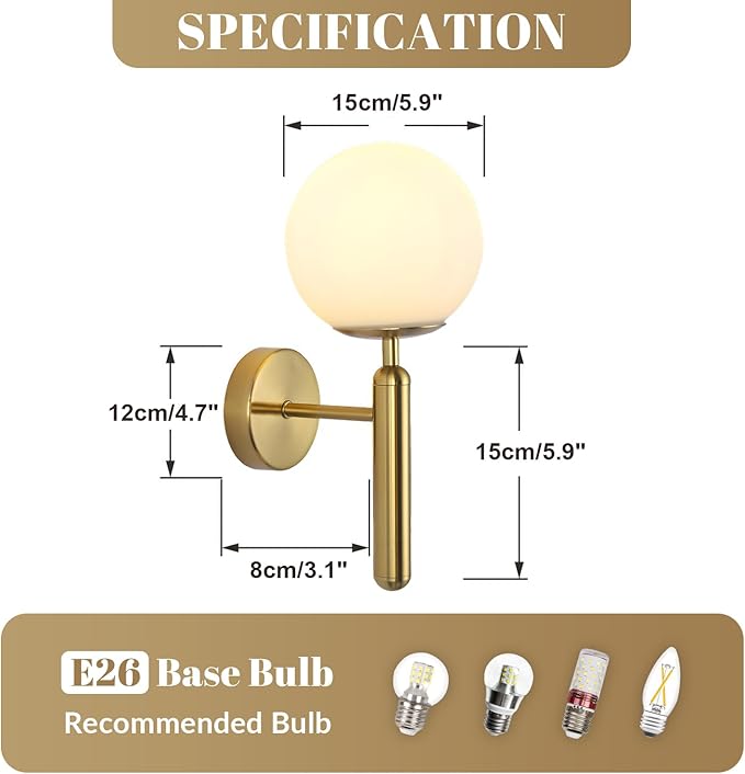 KCO Lighting Milk Glass Globe Wall Sconce Mid Century Brushed Brass Wall Sconces Modern Gold Wall Light Vintage Bathroom Vanity Light Fixtures for Bedroom Hallway