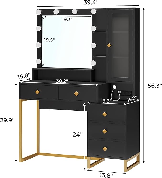 Tiptiper Large Makeup Vanity with Lights, Vanity Table with Charging Station Vanity Desk with Mirror and 10 LED Light Bulbs, Makeup Table with 5 Drawers, Nightstand and Storage Shelves, Black & Gold