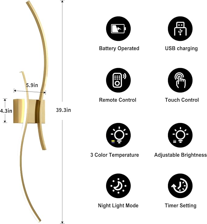 Battery Operated Wall Sconces Set of Two with Remote Control, Stepless Colors 3000K-6000K & Dimming, LED Brass Wireless Wall Light for Living Room, Hallway, Bedroom, 39.3 Inch (2 Pack)