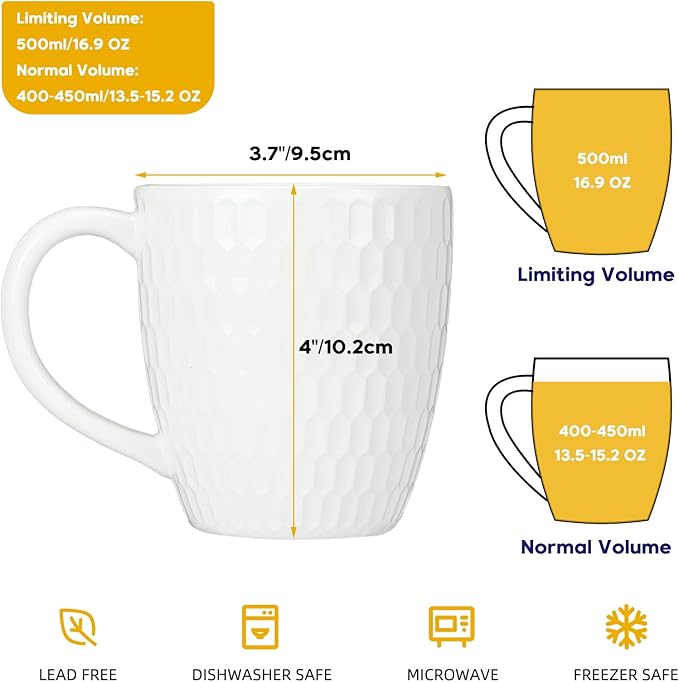 Schliersee 16 OZ Coffee Mugs Set of 6, White Ceramic Coffee Mug, Geometric Pattern Coffee Cups for Latte, Hot Tea, Cappuccino, Mocha, Cocoa, Espresso cups