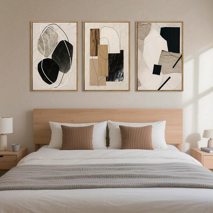 BINCUE Abstract Modern Wall Art Decor Framed Neutral Painting Prints Artwork for Living Room Bedroom 16x24 Inch Set of 3