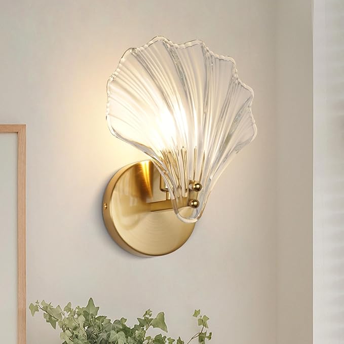Gold Wall Sconces for Bathroom, Vanity Light Fixtures, Modern Sconces Wall Lights with Clear Shell Shaped Glass Shades, Bathroom Light Fixtures for Living Room, Bedroom, Hallway, mirror, Kitchen, E12
