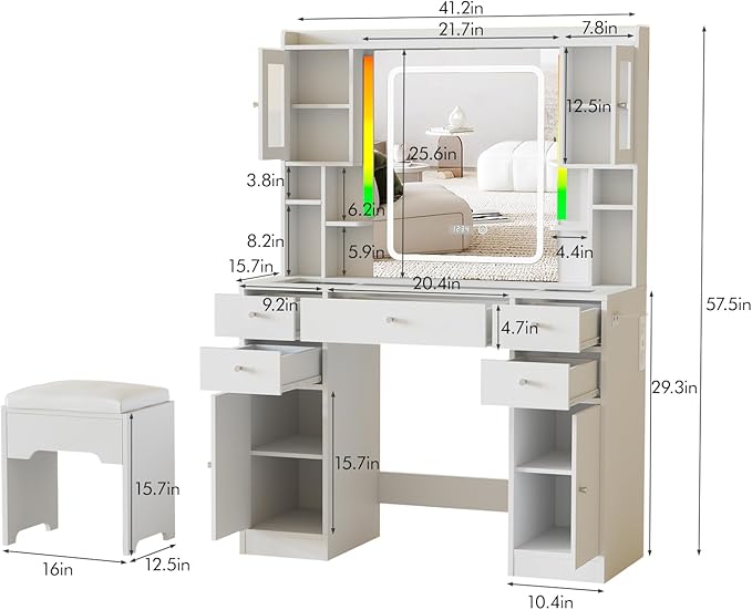 White Vanity Desk with LED Mirror,Makeup Vanity with Charging Station & RGB Lights,5 Drawers 4 Shelves Makeup Desk Vanity Table Stool Set with Glass Table Top & Time Display Lights, White