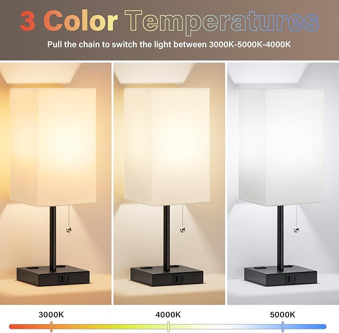 17.4In Tall Table Lamps for Bedroom Set of 2 - 3 Color Bedside Lamps with AC Outlets and USB Ports for Charging, white and Black Square Night Stand light, End DeskLamp for Living Room/Dorm/Office