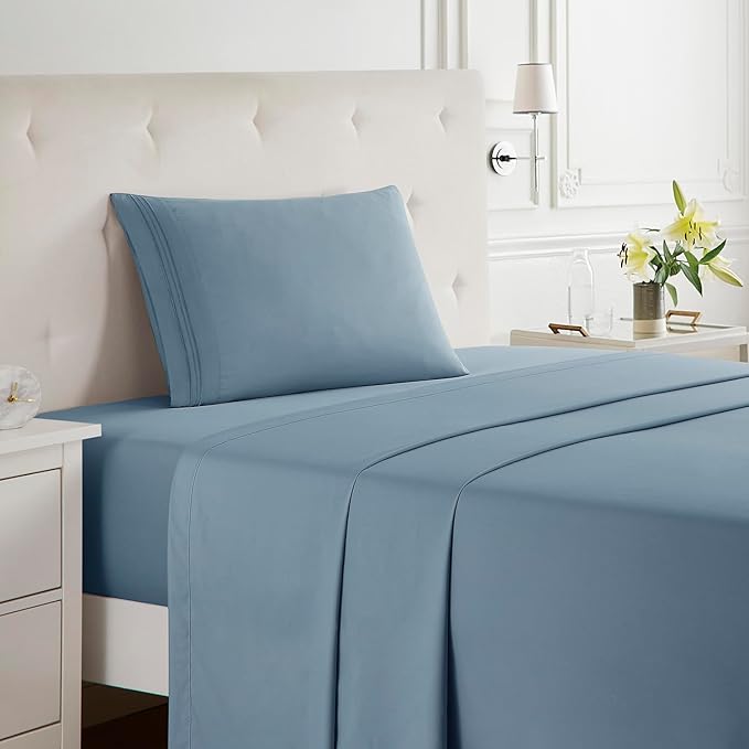 Clara Clark Bed Sheets, Premier 1800 Series Bed Sheet Set, Deep Pocket, Wrinkle, Fade, Stain Resistant, Luxury Soft Bedding Sheets & Pillowcases, Twin, Stone Blue