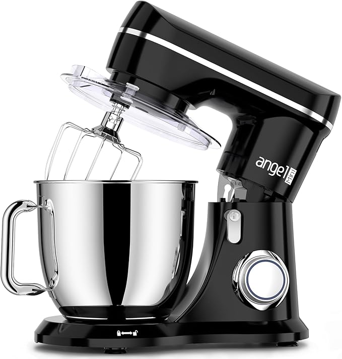 Mini Angel Electric Stand Mixer, 5Quarts, Dough Hook, Flat Beater, Wire Whisk Attachments, 10+P Speeds with Splash Guard, Black