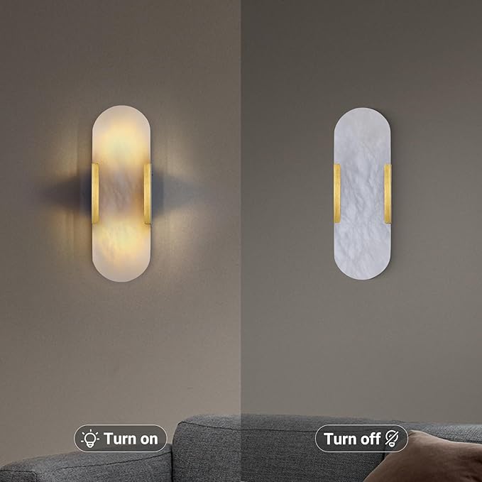 13.8 inch Brass Alabaster Sconces, Indoor Marble Sconces Wall Lighting, Alabaster Sconces for Living Room Modern Alabaster Sconces Wall Lighting for Dining Room Stairs Bedroom