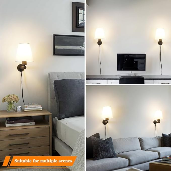 Black Plug in Wall Sconces Set of Two, Wall Lamp with Plug in Cord On/Off Switch, Black Wall Sconce Light Plug in, Bedside Wall Mounted Light with Fabric Linen, Wall Decor for Bedroom Living Room