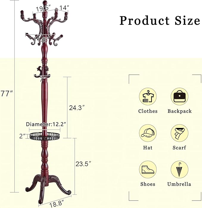Solid Wood Coat Rack Freestanding, 77" Adjustable Hall Tree Hanger With Hooks, Coat Hanger Stand for Hanging Clothes Bags Hats in Living Room Bedroom