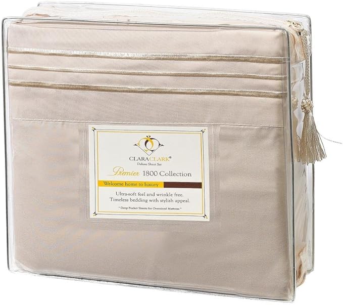Clara Clark Bed Sheets, Premier 1800 Series 4 Piece Bed Sheet Set, Deep Pocket, Wrinkle, Fade, Stain Resistant, Luxury Soft Bedding Sheets & Pillowcases, Split King, Beige Cream