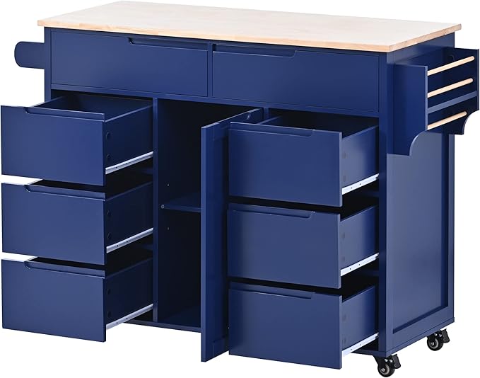 Rolling Mobile Kitchen Island Cart Breakfast Bar with Spice & Towel Rack, 8 Drawers and 5 Wheels for Dining Room